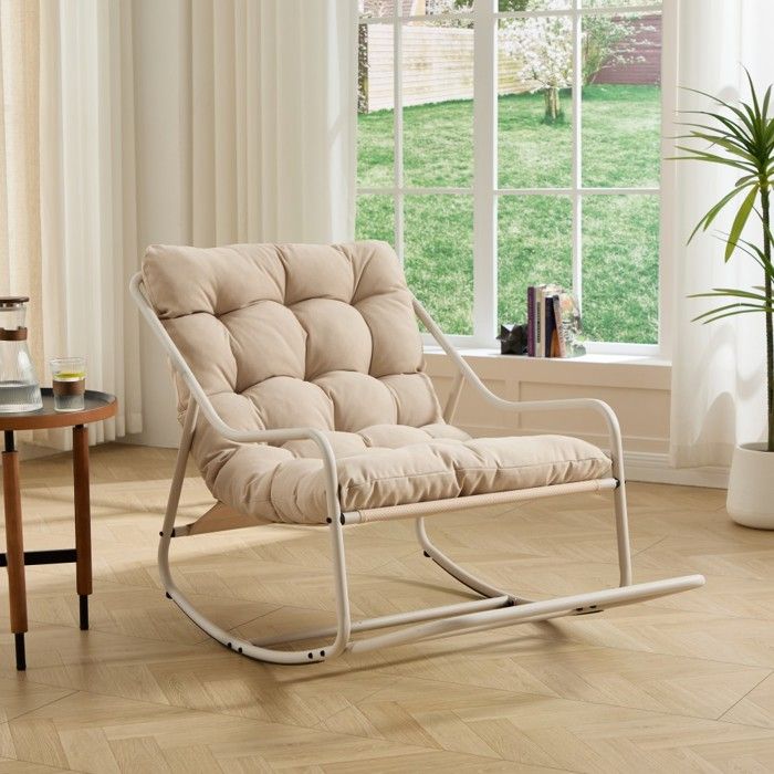 Fauteuil à bascule extérieur coussin épais confortable beige structure beige pour salon chambre coin lecture dimensions 75x116x82cm Fauteuil à bascule extérieur coussin épais confortable beige structure beige pour salon chambre coin lecture dimensions 75x116x82cm