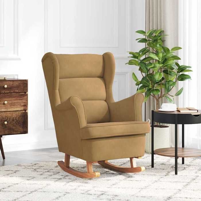 Brun velours Chaise de relaxation 1 PERSONNE - Magnifique Fauteuil à bascule à oreilles en velours marron bois massif 74x90x102cm