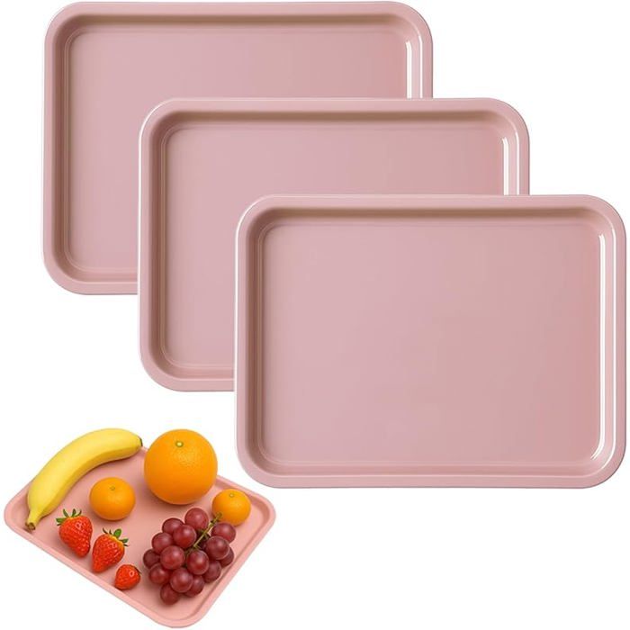 Lot de 3 Plateaux de Service Rectangulaires en Plastique Pratiques et Réutilisables Plateau Repas Petit Plateau Pink