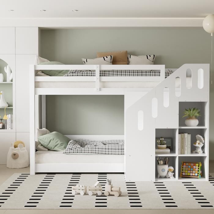 Lit superposé enfant - KOMHTOM - 90x200 cm - Escalier de rangement - Placard intégré - Sommier à lattes Lit superposé enfant - KOMHTOM - 90x200 cm - Escalier de rangement - Placard intégré - Sommier à lattes