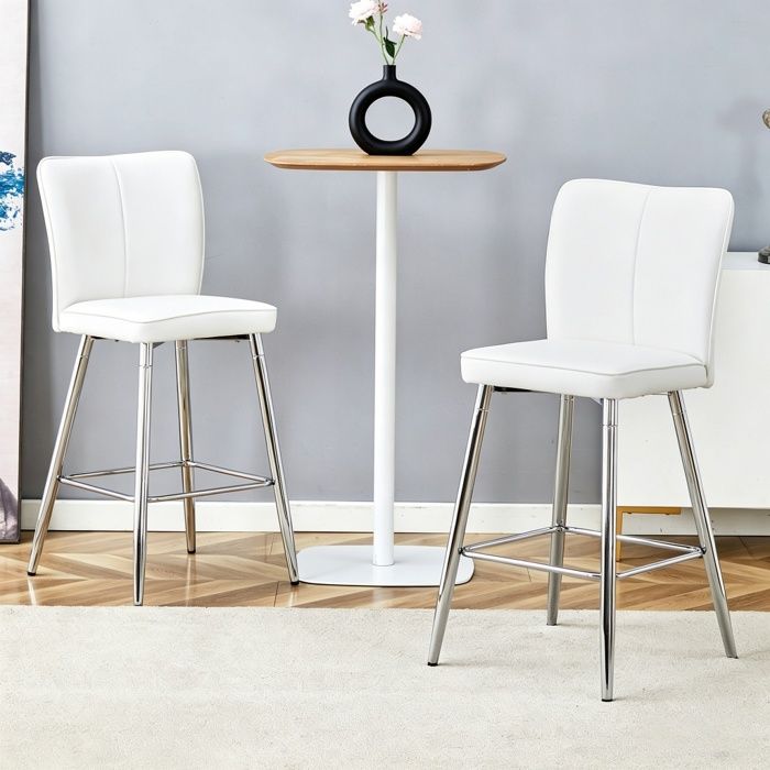 Lot de 2 Tabourets de Bar - BELLEMAVE - Matière PU - Design Ergonomique - Hauteur 101 cm - Chaise de Cuisine - Blanc et Argenté