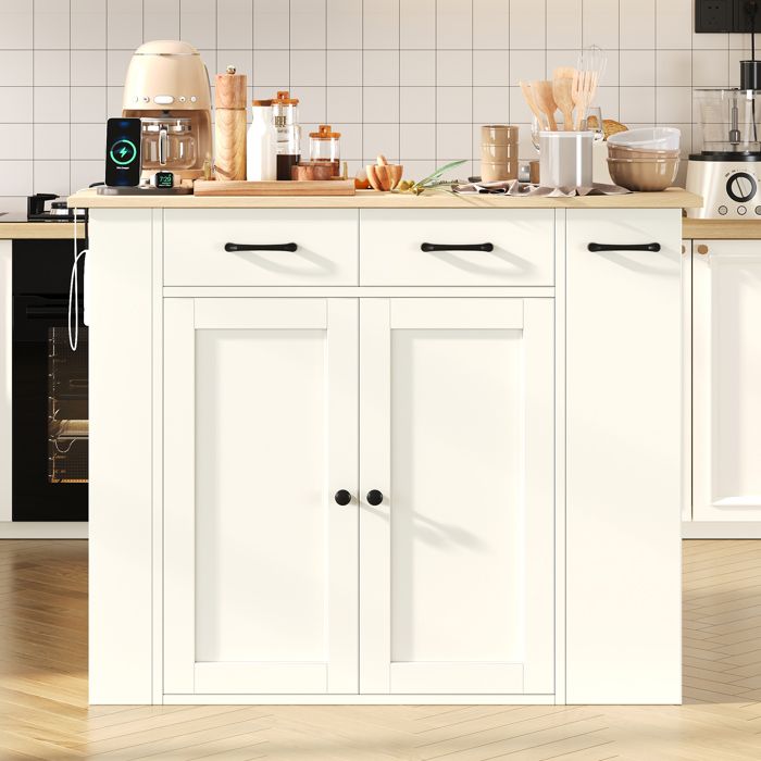 Meuble de rangement de cuisine blanc - Buffet de cuisine extensible avec prises et 2 tabourets - tablettes réglables