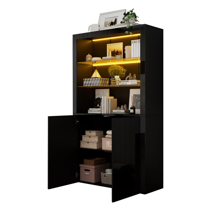 Armoire vitrine 100 cm noir haut brillant avec éclairage LED 2 étagères en verre et 2 portes pour salon Armoire vitrine 100 cm noir haut brillant avec éclairage LED 2 étagères en verre et 2 portes pour salon