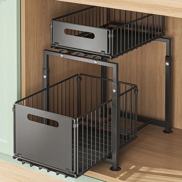 Rangement Sous Evier Meuble cuisine salle de bain - Noir - Coulissant - Acier inox - Organisateur tiroir 2 niveaux Rangement Sous Evier Meuble cuisine salle de bain - Noir - Coulissant - Acier inox - Organisateur tiroir 2 niveaux