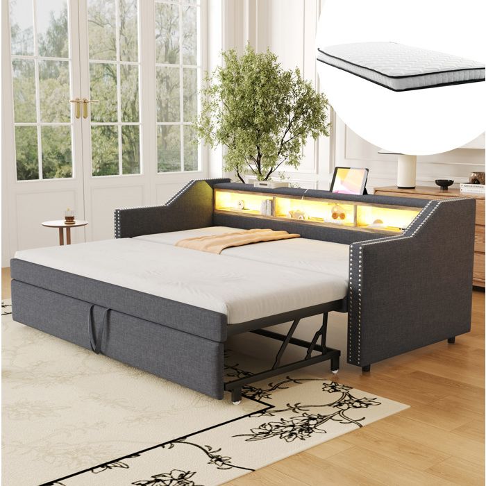 Lit gigogne 1 à 2 places 90×190 et 180×190 cm avec LED USB et 3 niches 2 matelas inclus gris foncé - UVRION