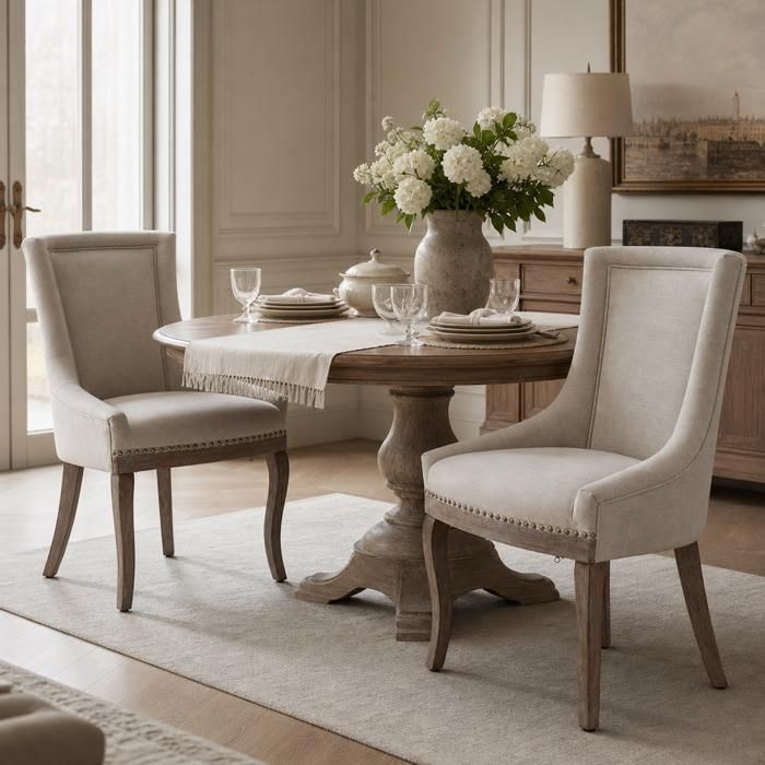 Lot 2 chaises rembourrées tissu pieds bois clous bronze beige