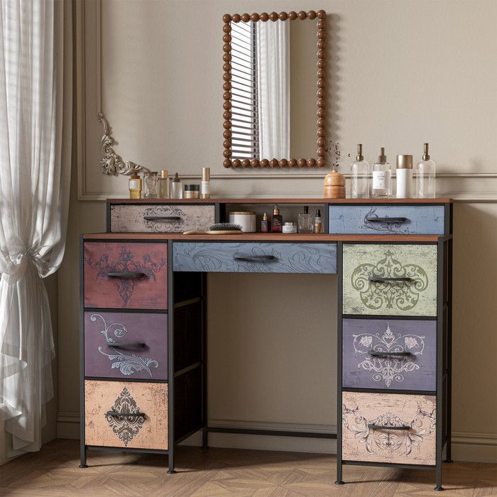 Coiffeuse rétro noire 121cm Table de maquillage à tiroirs 9 tiroirs avec miroir Meuble de rangement vintage en métal et bois