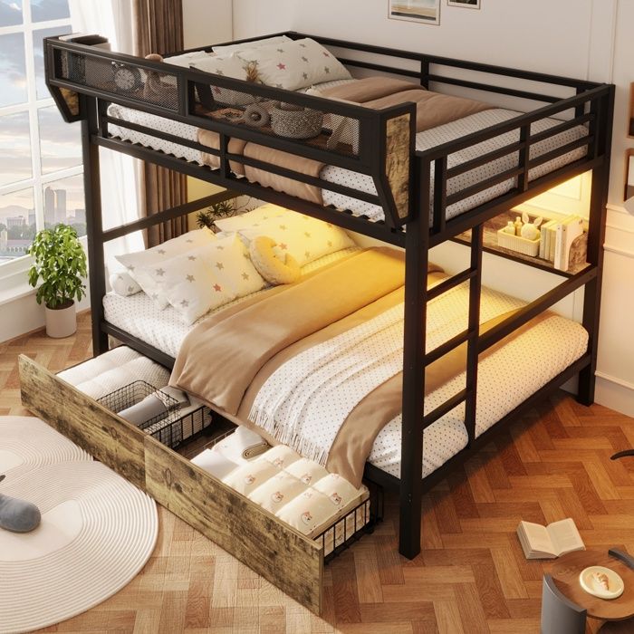 Lit superposé 140×200 cm avec étagères 2 tiroirs éclairage LED matelas non inclus pour enfants et adolescents- noir