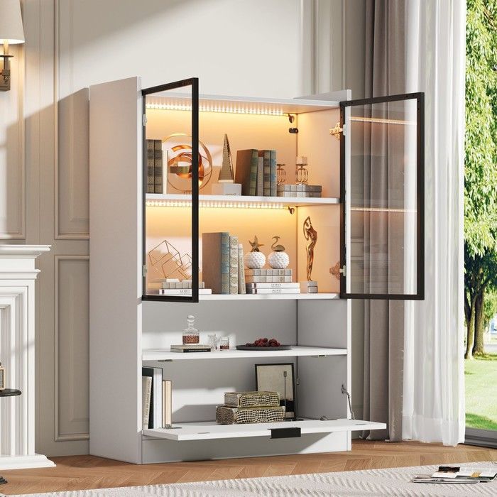 Armoire vitrine - PAGE Living - Blanc mat - Éclairage LED contrôlable par appli - Portes pliantes en verre - L80xP35xH120 cm