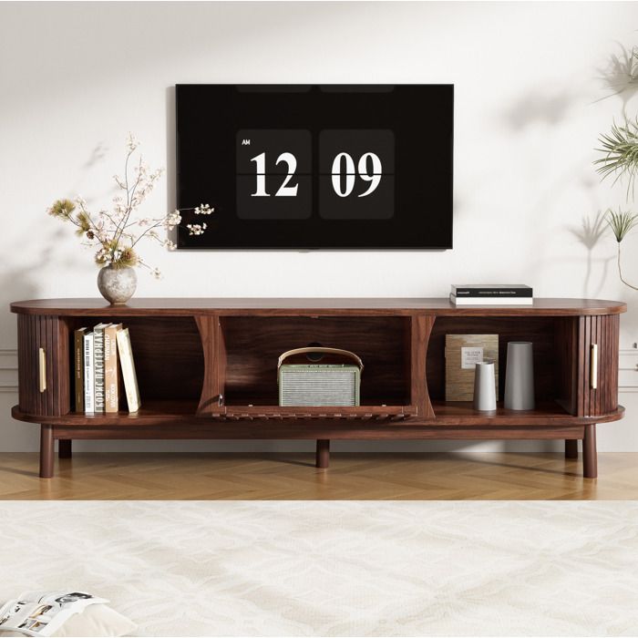 Meuble TV bas 165 cm marron en MDF 2 portes coulissantes et 1 porte abattante style rétro jusqu’à 65 pouces