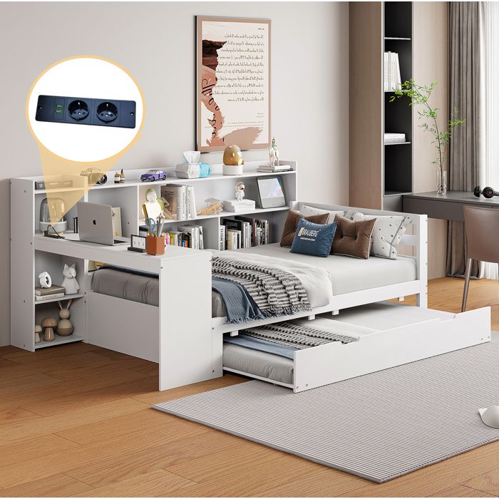 Modenuit Lit combiné 90x200 cm avec bureau étagères rangements prise intégrée et lit gigogne blanc