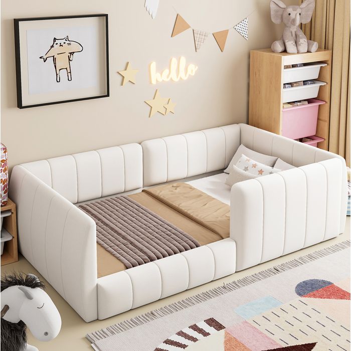 Lit plateforme rembourré 90 x 200 cm avec barrières de sécurité MDF beige 12 lattes