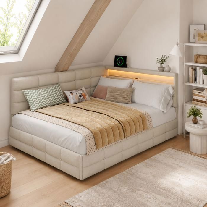 Lit Coffre Double 140x190 cm Canapé-lit avec LED et USB Lit Capitonné avec 2 Tiroirs Lit avec Sommier à Lattes Lin Beige