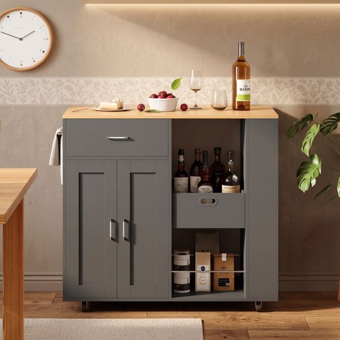 Desserte de Cuisine à roulettes Verrouillables 3 niveaux buffet cuisine avec tiroir porte-épices et porte-serviettes 46x102x92cm