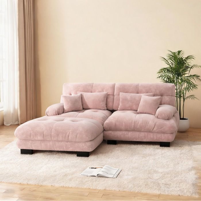 Canapé panoramique modulable 2 places en tissu chenille blush pink design nuage 220 cm avec ottoman et coussins