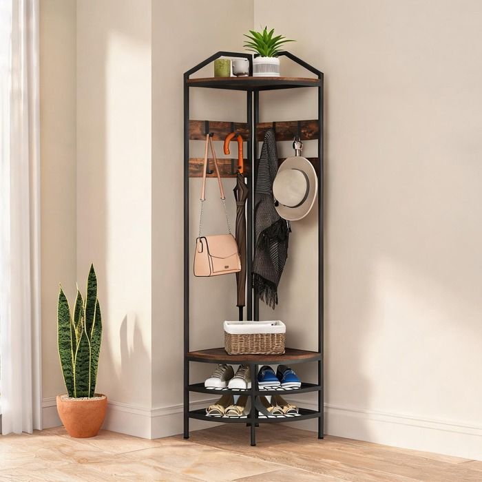 Meuble dangle porte-manteaux et range-chaussures panneau de particules brun rustique 4 niveaux 8 patères entrée organisée