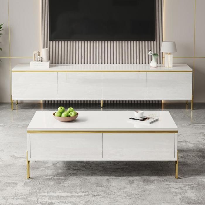 Ensemble meuble TV - KOMHTOM - Ensemble TV 170 cm & table basse 100 cm - Blanc laqué - Pieds dorés - Grand rangement Ensemble meuble TV - KOMHTOM - Ensemble TV 170 cm & table basse 100 cm - Blanc laqué - Pieds dorés - Grand rangement