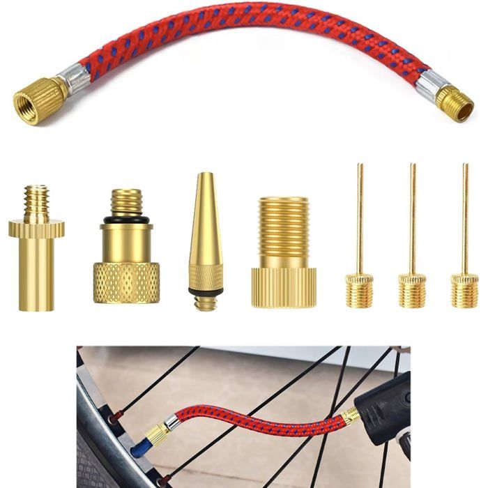 8pc Embout Pompe Vélo Adaptateur Valve Vélo Kit avec Rallonge Valve 16cm Adaptateurs Presta Schrader Dunlop Aiguille Gonflage