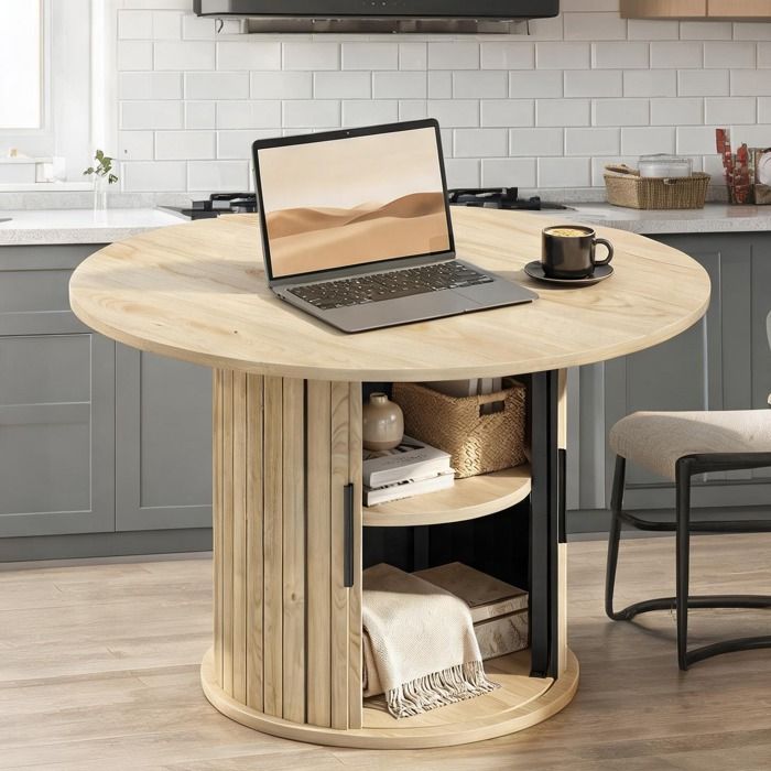 Table ronde effet bois naturel 80 cm avec porte coulissante et deux étagères colonne lattée