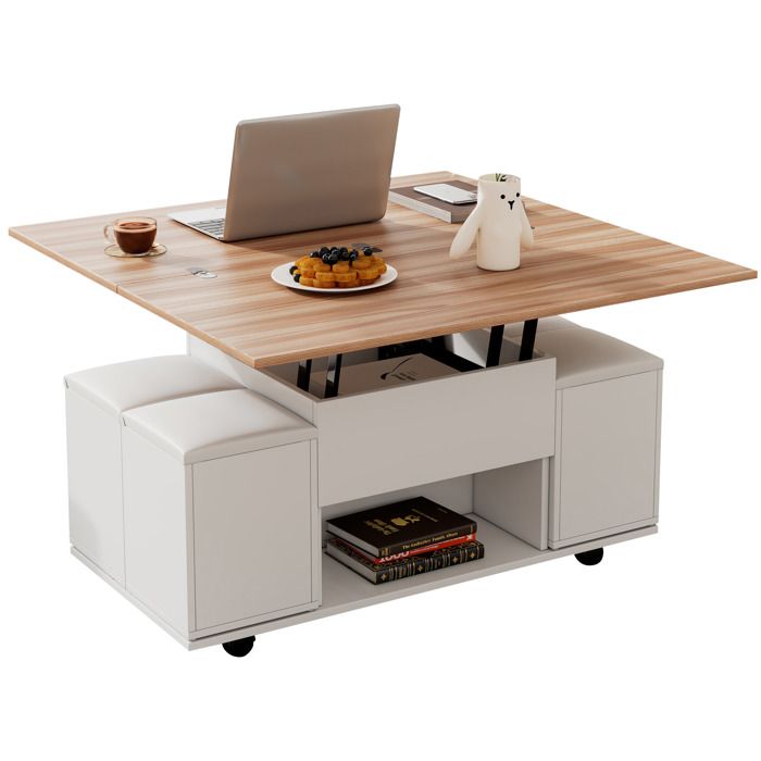 ELVORIN Table basse relevable 100 x 100 x 635 cm blanc et bois naturel rangement intégré roulettes 4 tabourets