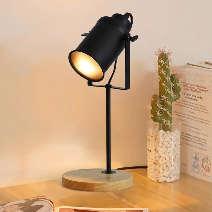 Lampe De Table E27 Industrielle Lampe De Chevet Métal Noir Veilleuse De Bureau Bois Vintage Avec Interrupteur 1.2M Base De V[BI151]