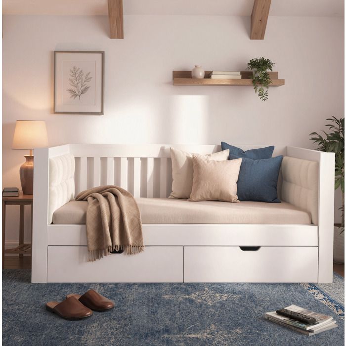 Lit banquette 1 place AESVAR 90 x 200 cm blanc avec 2 tiroirs sommier inclus sans matelas