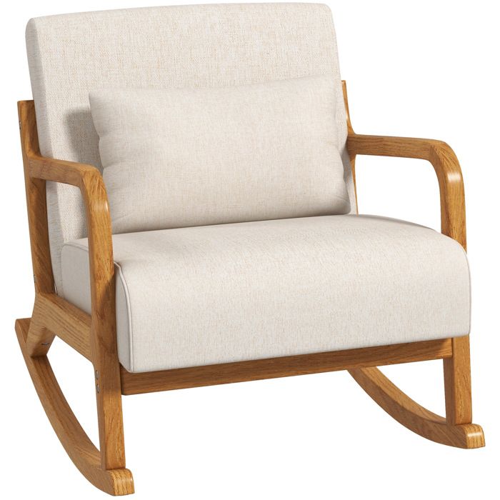 Fauteuil à bascule – fauteuil relax en bois avec accoudoirs coussin lombaire amovible crème