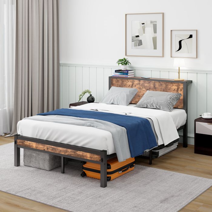 Lit simple 120×200 cm - ZEVKOR - Modèle plateforme - Rangement sous le lit - Métal & MDF - Tête et pied inclus