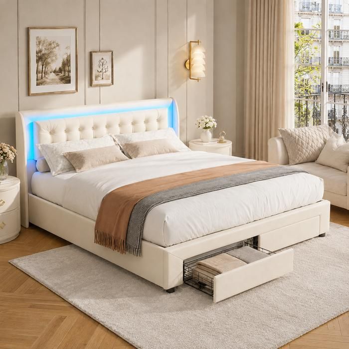 Lit Coffre Hydraulique 140x190 avec LED Lit Double avec 2 Tiroirs de Rangement Lit Capitonnée Sommier à lattes Velours Beige