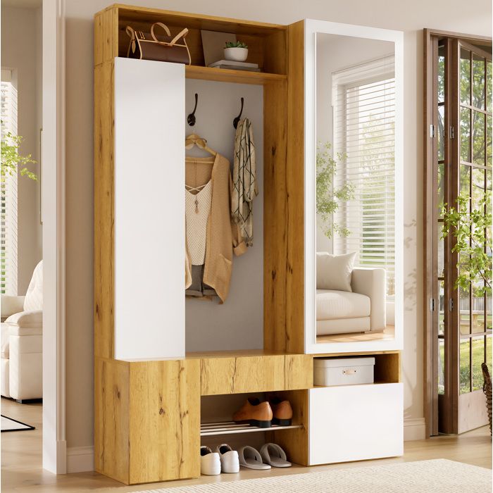 ULEVR Meuble d’entrée multifonction en MDF avec miroir pleine longueur penderie et meuble à chaussures blanc et naturel
