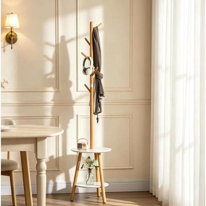 Porte-Manteau Sur Pied Bambou Blanc Porte-Manteau Design FloraGrace Pour Entrée Rangement 2 En 1 39.5x39.5x171cm