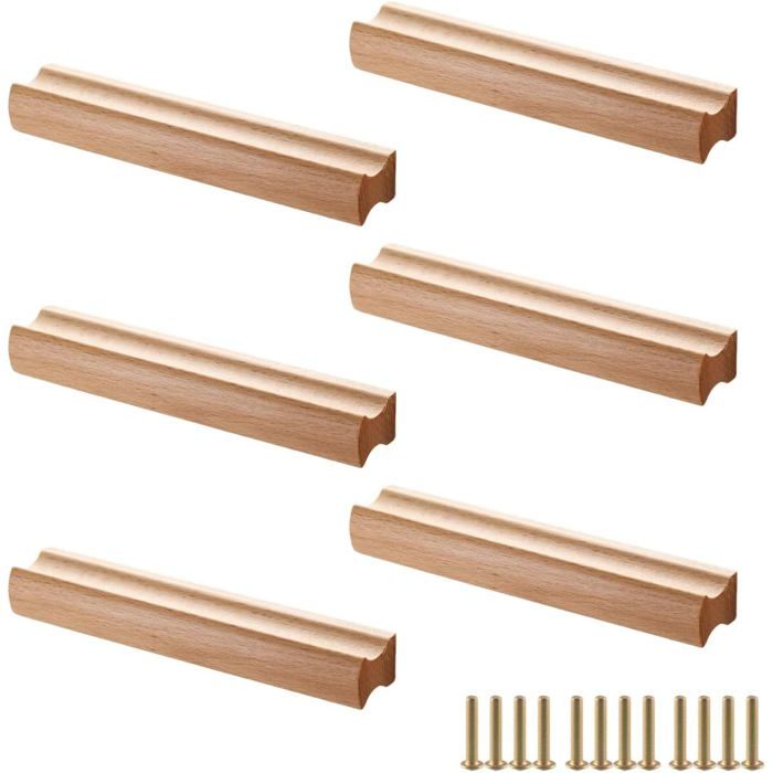 6 Pièces Poignée Bois Poignée Meuble Bois avec Vis Distance des Trous 128 mm pour Armoires Salles de Bains Bureaux et Cuisines