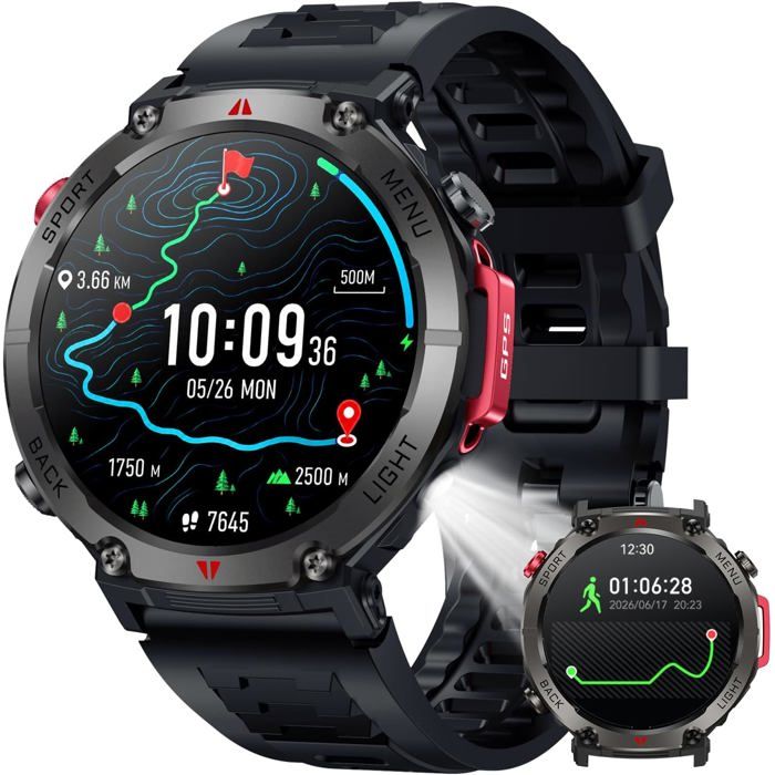 Montre Connectée Homme Smartwatch GPS:1.45Montre Outdoor Sport Avec Boussole et Lampe Torche Autonomie 530mAh IP68 Étanche Appel