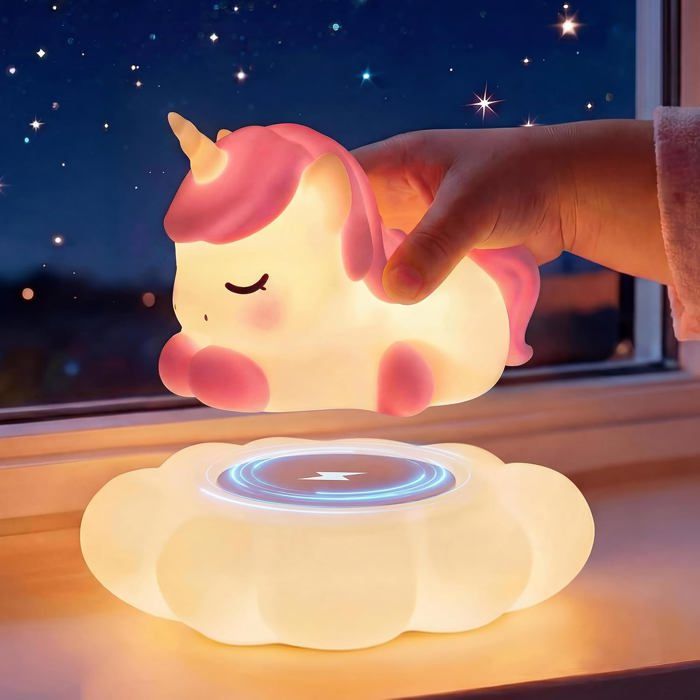 Lampe chevet licorne silicone – veilleuse bébé 3 luminosités 7 couleurs minuteur 30 min charge sans fil 4 bruits blancs
