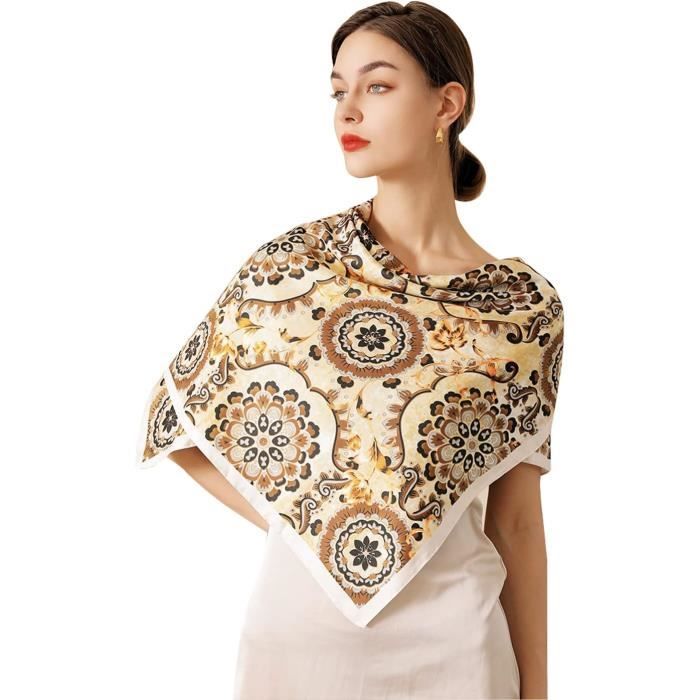 Foulard Carré En Soie Vintage Beige à Motif Floral - Cadeau Femme, état Bon Vintage