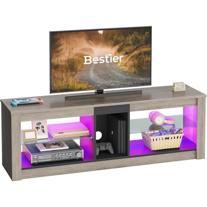 Meuble TV Bas 160 Cm Avec éclairage LED RGB - Étagères En Verre Réglables, Gestion Des Câbles - Pour TV Jusqu'à 178 Cm