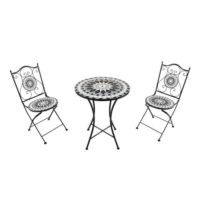 ensemble bistro extérieur mosaique noir/blanc - axi - amélie - 2 chaises pliantes - décoratif et pratique