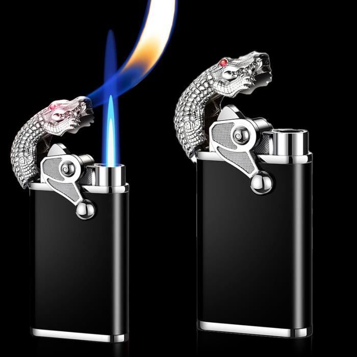 Anshka Briquet Magique Double Flamme Crocodile – Rechargeable, Étanche, Coupe-Vent, Idéal Pour Camping, Survie, Aventure – Couleur Dorée