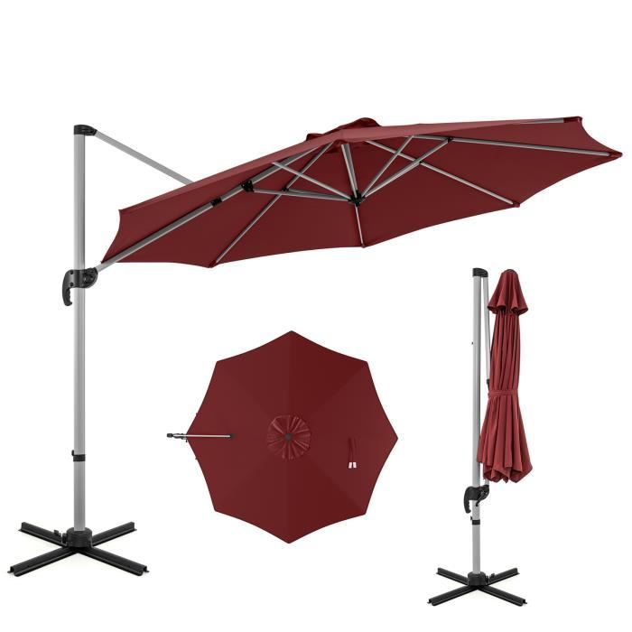 COSTWAY Parasol Déporté Inclinable Dia.339x260cm avec Base Croisée Rotation à 360°Manivelle 8 Baleines pour Terrasse Jardin Rouge