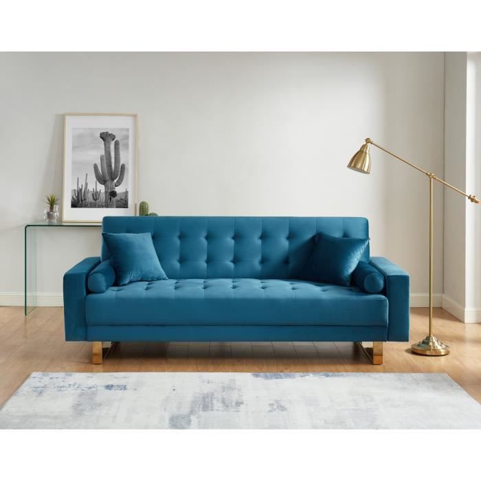 Canape 3 Places Convertible En Velours Bleu Canard Pietement En Metal Dore Collection Chic Bleu Cdiscount Maison