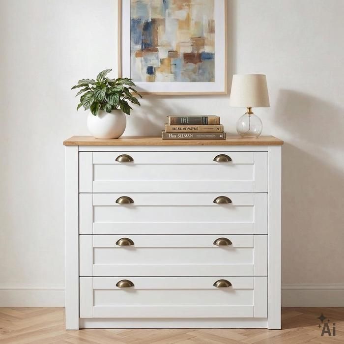 Commode chambre BOLTON L 91 cm en bois massif lasuré blanc et brun avec 4 grands tiroirs et poignées style campagne Commode chambre BOLTON L 91 cm en bois massif lasuré blanc et brun avec 4 grands tiroirs et poignées style campagne