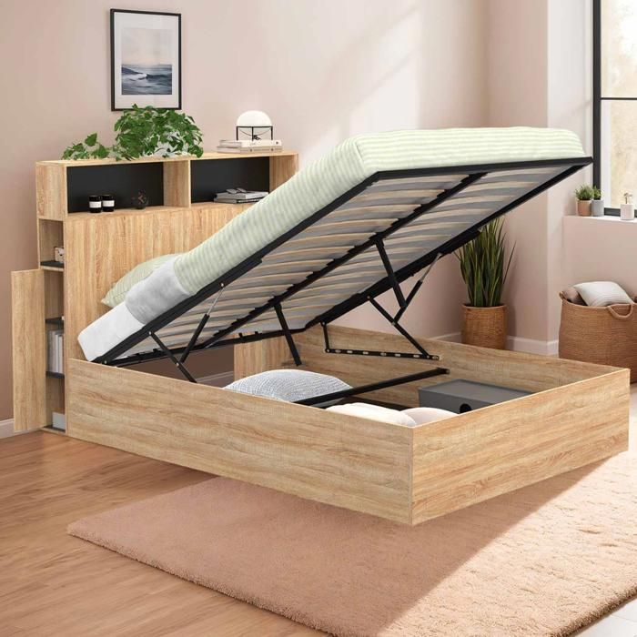 IDMARKET Lit coffre double CLYDE avec tête de lit + rangements et sommier 140 x 190 cm façon hêtre et noir