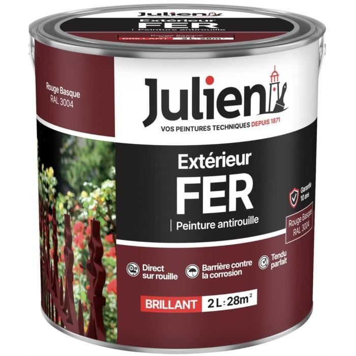 Peinture - JULIEN - RAL 3004 - Brillant - 2L - Anti-rouille pour métal extérieur
