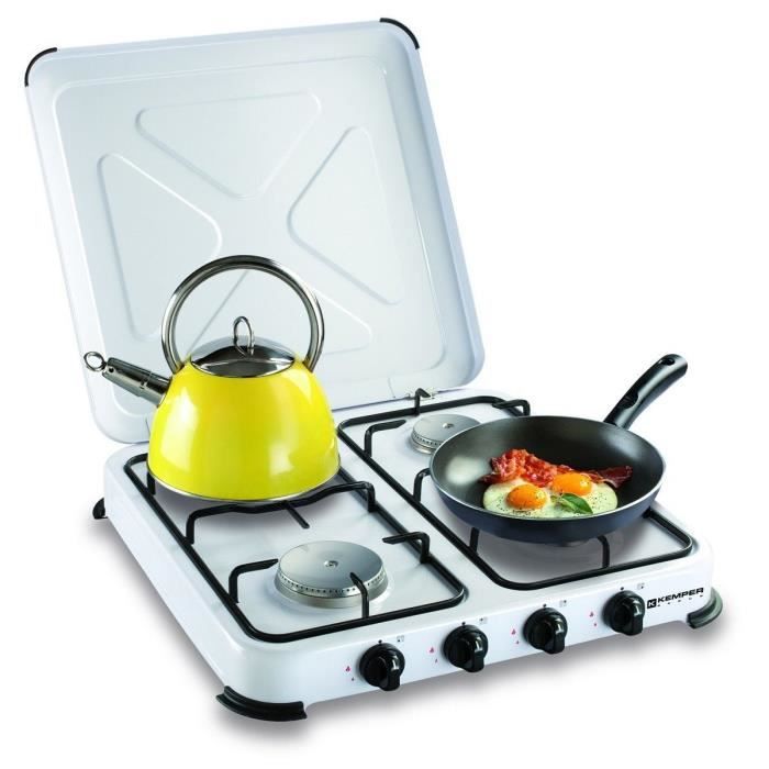 Plaque de cuisson gaz portable 4 feux kemper- 4650 W - blanc laqué - Gaz butane ou propane