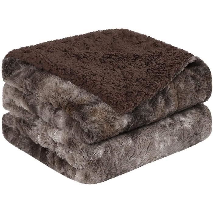 Rare! Cachemire Laine Fourrure Couverture Cuir Jeté de Lit Gris Clair
