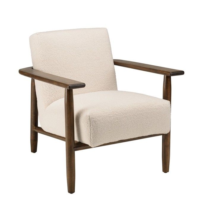 MACABANE GASTON - Fauteuil tissu bouclette écru structure et accoudoirs en bois GASTON MACABANE GASTON - Fauteuil tissu bouclette écru structure et accoudoirs en bois GASTON