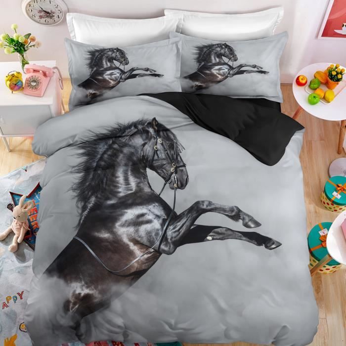 Cheval noir Parure de lit 3 pieces 1 housse de couette 220*240cm et 2 taies doreillers 63*63cm