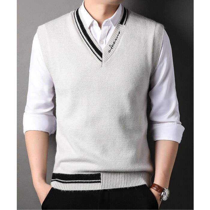 Gilet Homme En Coton - Col V, Gris, Sans Manches, Vintage, Ajusté