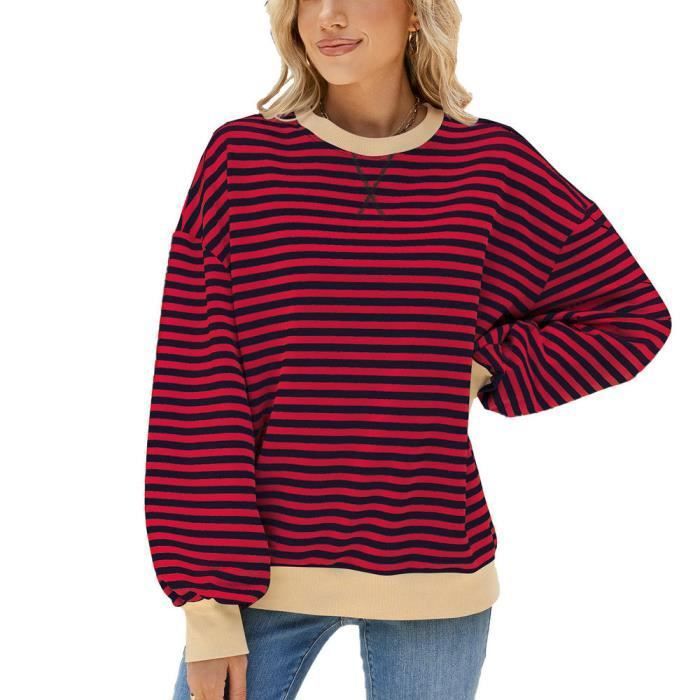 Pull Femme INSFITY Rayures Manches Longues Confortable Automne Hiver  Taille EU Rouge Bleu
