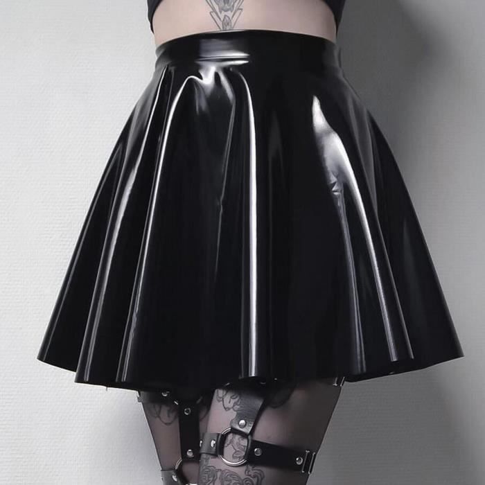 jupe - kilt  jupe plissée brillante en cuir à la mode pour femmes mini jupe de couleur pure noir